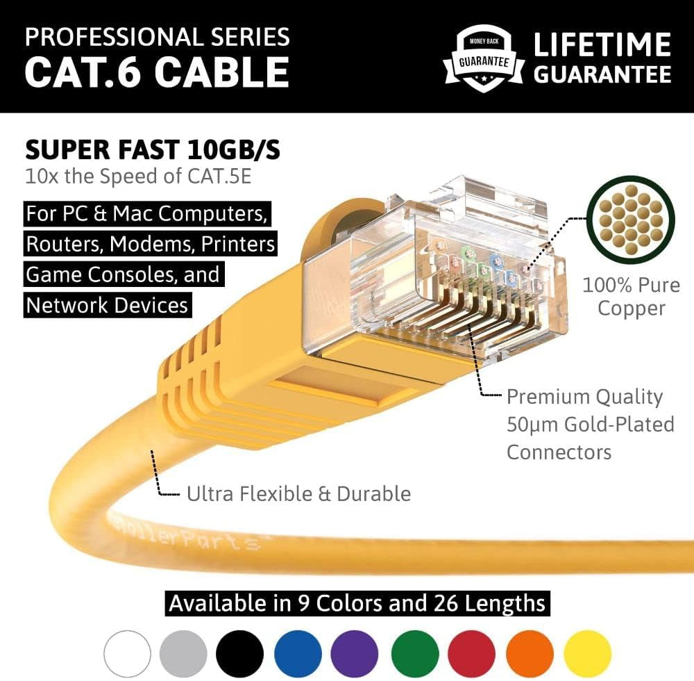 CAT6 Cable UTP Booted [Yellow] - [100 FT] - [5 Pack] - Professional Series - 10Gbps, Cat6 Patch Cable, Cat 6 Patch Cable, Cat6 Ethernet Cable, Network Cable, Internet Cable