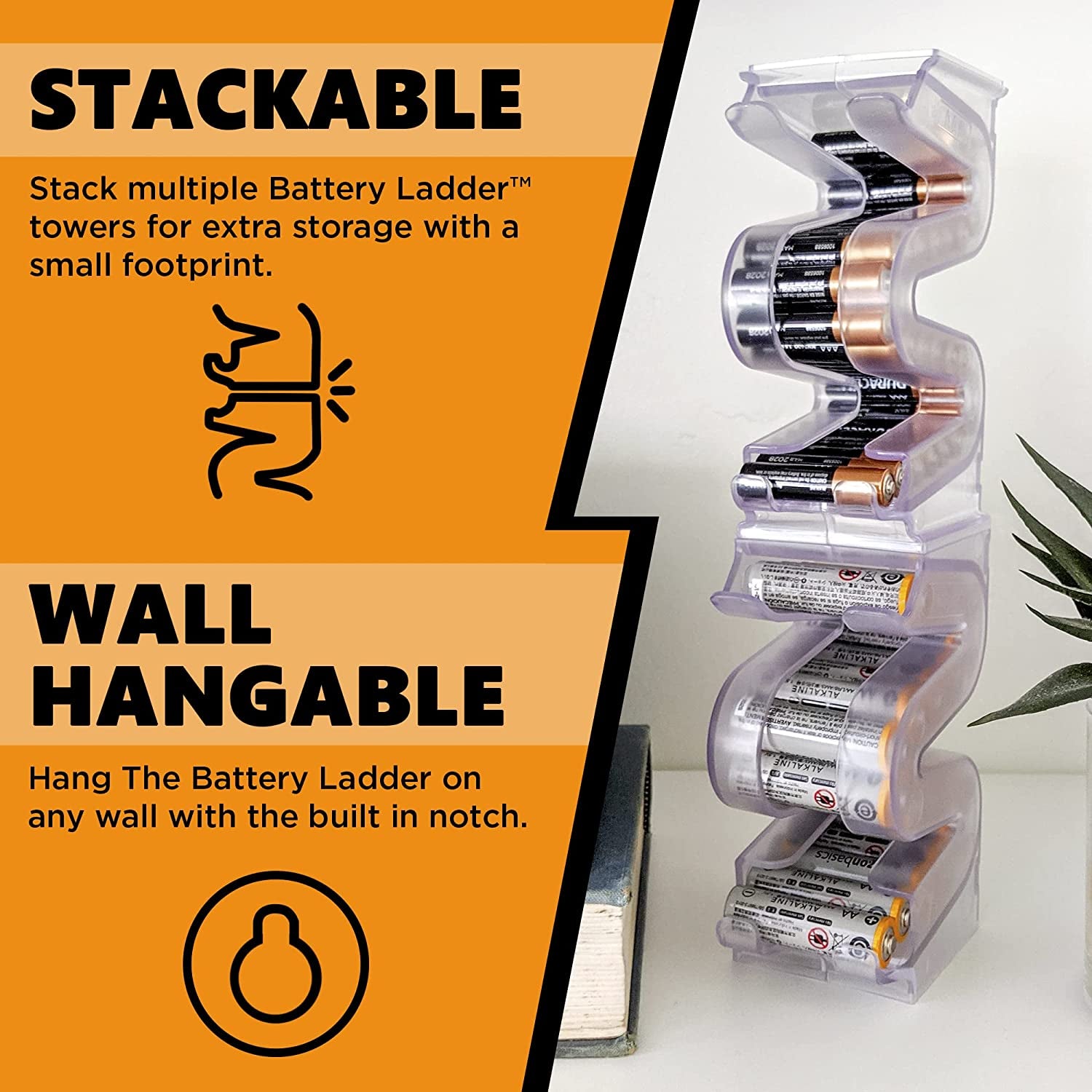 Battery Ladder™ for 20 AA & 28 AAA Batteries | Clear Vertical Battery Storage Cases | Stackable & Expandable Wall Mount Battery Organizer & Dispenser | Battery Holder Combo (AA & AAA 2 Pack)