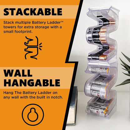 Battery Ladder™ for 20 AA & 28 AAA Batteries | Clear Vertical Battery Storage Cases | Stackable & Expandable Wall Mount Battery Organizer & Dispenser | Battery Holder Combo (AA & AAA 2 Pack)