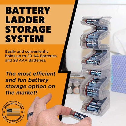 Battery Ladder™ for 20 AA & 28 AAA Batteries | Clear Vertical Battery Storage Cases | Stackable & Expandable Wall Mount Battery Organizer & Dispenser | Battery Holder Combo (AA & AAA 2 Pack)