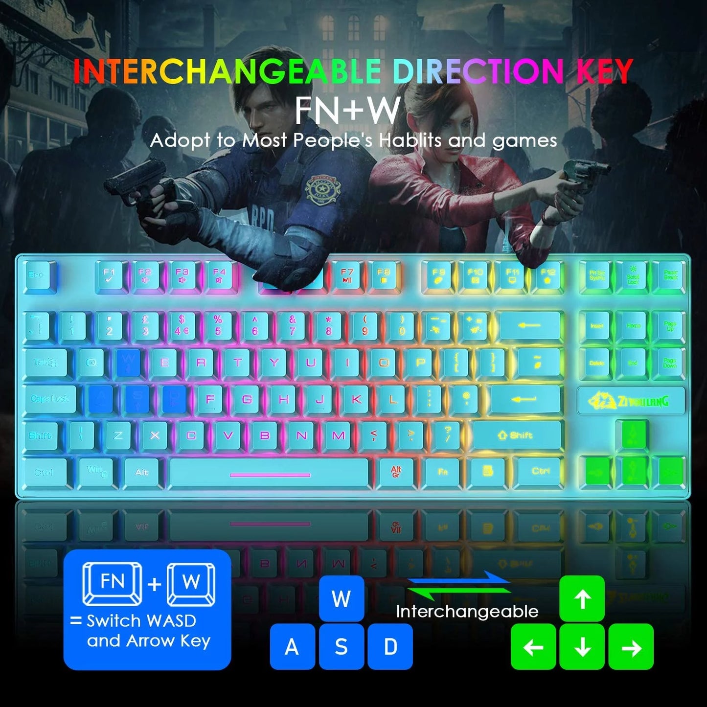 Gaming Keyboard and Mouse Combo, 88 Keys Compact Rainbow Backlit Mechanical Touch Keyboard, RGB Backlit 6400 DPI Lightweight Gaming Mouse with Honeycomb Case for Windows PC Gamers (Blue)