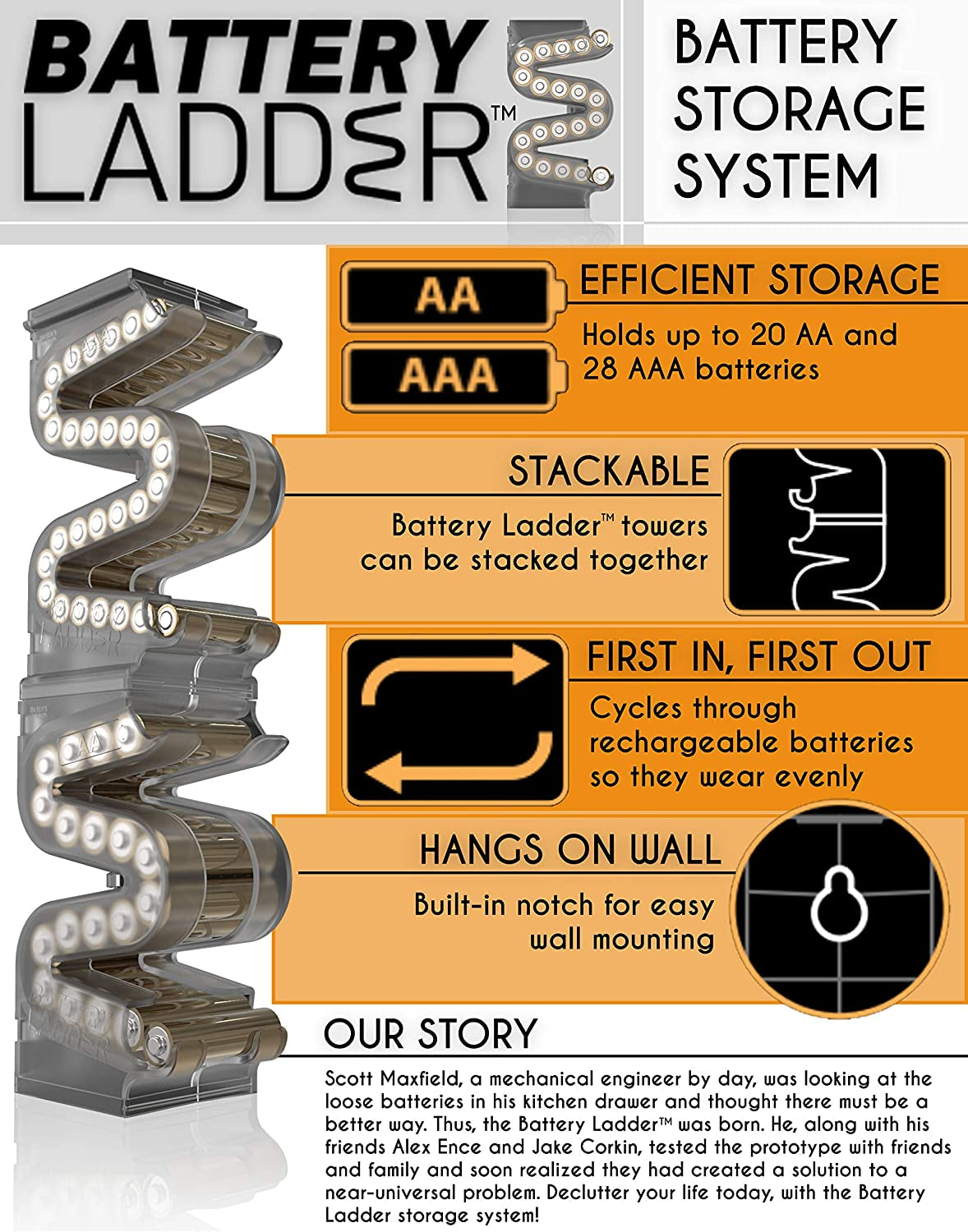 Battery Ladder™ for 20 AA & 28 AAA Batteries | Clear Vertical Battery Storage Cases | Stackable & Expandable Wall Mount Battery Organizer & Dispenser | Battery Holder Combo (AA & AAA 2 Pack)