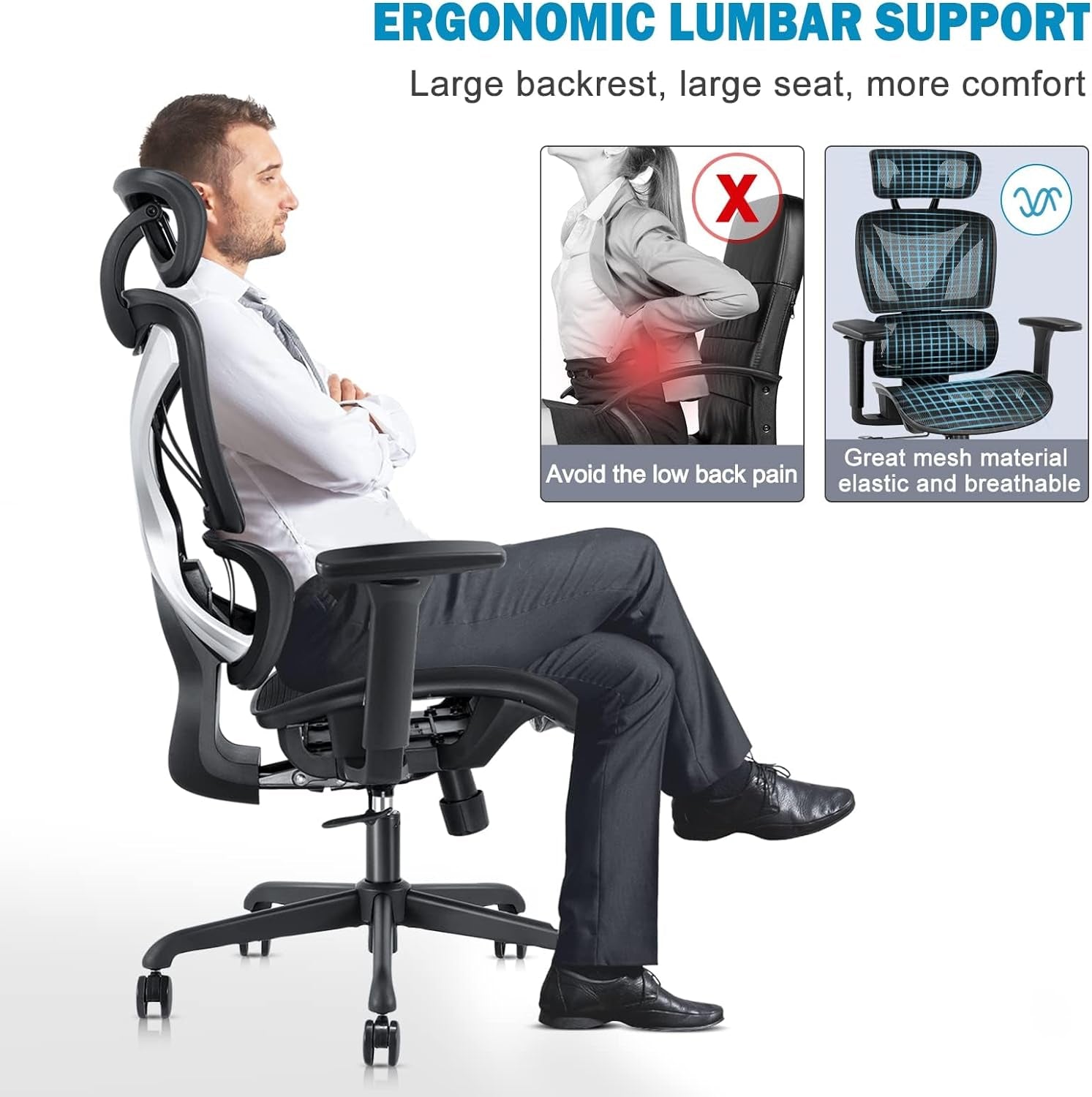 Ergonomic Office Chair, Big and Tall Mesh Chair with Lumbar Support, Adjustable 3D Arms, Reclining, Headrest & Large Seat - Home Office Desk Chair for Man Woman(Grey)